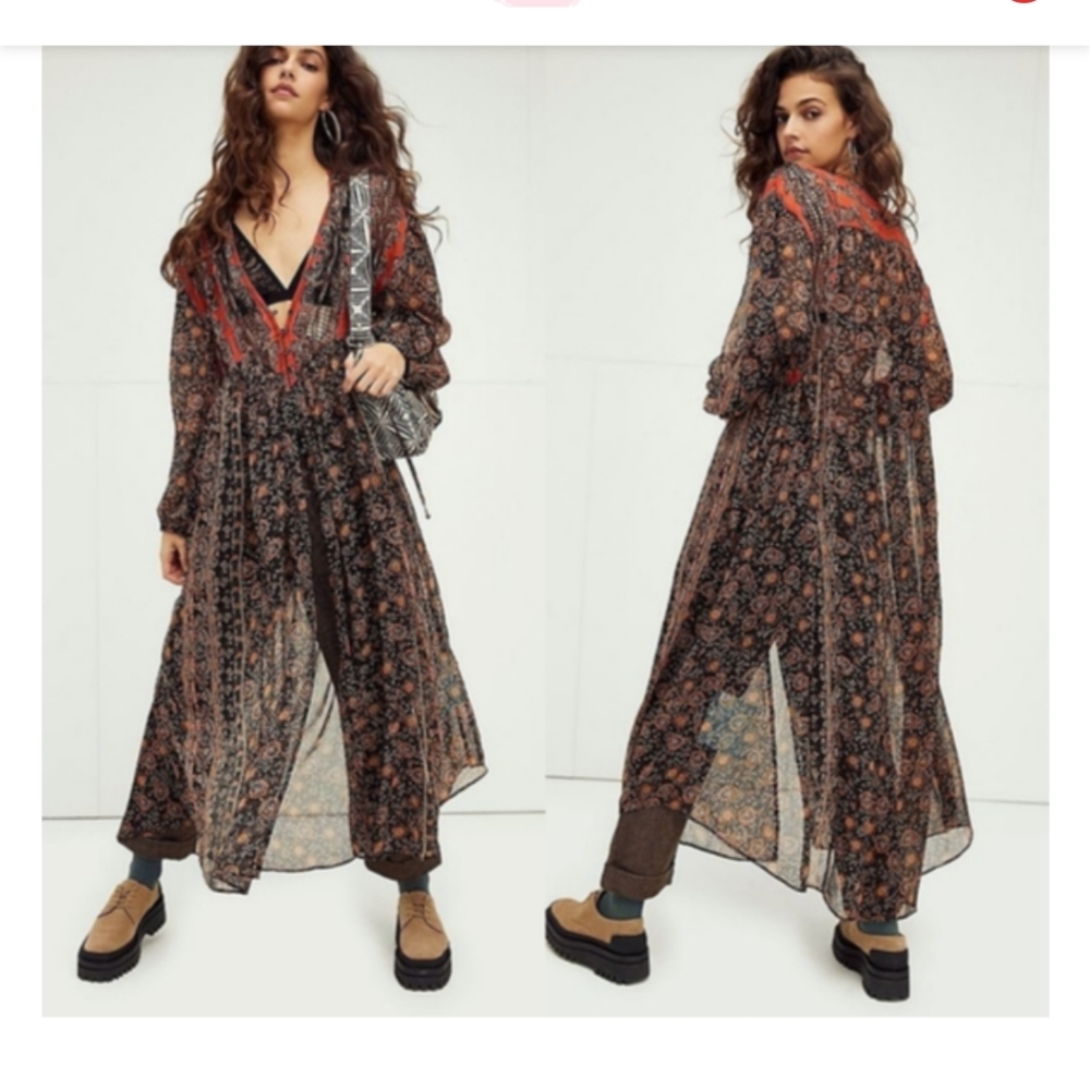 Free People Black and Rust Bohemian Free Flowing Printed Maxi Top Size L